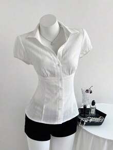 Camisa de mujer con cuello en V, cintura fruncida y manga corta, color blanco, para primavera/verano - Blanco - Ver 5