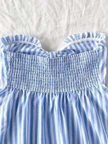 Top tubo con volantes y nudo delantero con estampado de rayas y bloques de color para vacaciones de verano en la playa de mujer - Azul y blanco - Ver 5
