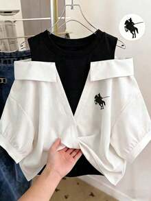 Conjunto de vacaciones para mujer con camisa a rayas de dos piezas falsa - Multicolor - Ver 7