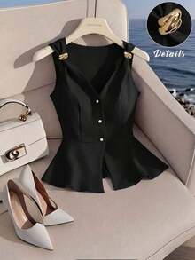 camiseta de tirantes sin mangas con cuello en V y diseño de hebilla metálica minimalista y elegante que estiliza la cintura, para mujer, de verano - Negro - Ver 7