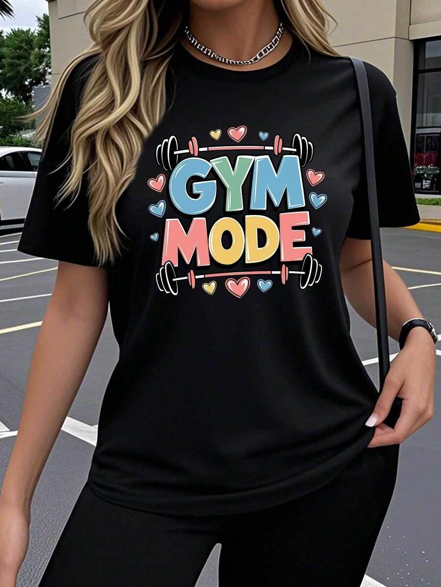 Women's Short Sleeve One-Piece T-Shirt With Colorful "GYM MODE" Lettering And Fun Artistic Print Patterns. Breathable And Stretchy Crew Neck Top, Comfortable For Outdoor Wear In Spring, Summer, And Autumn. Fashionable Simple And Loose Casual Top By Y2K, Made Of Soft Fabric - 黑色 - 查看 1