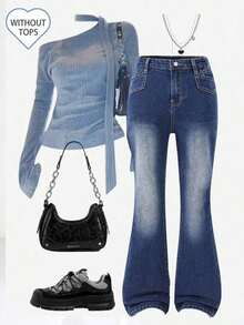 Explorewe Jeans de mezclilla estilo Y2K versátiles lavados y desgastados con pierna acampanada y elásticos para niñas adolescentes - Azul lavado oscuro 2 - Ver 1