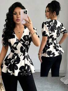 Blusa elegante y de moda con estampado floral y cuello en V con cintura ceñida para mujer - Multicolor - Ver 8