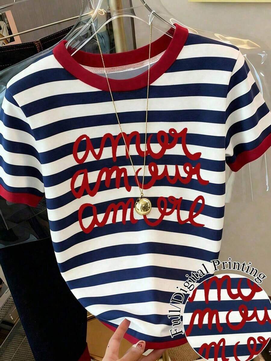 Camiseta de mujer de manga corta, cuello redondo, estampado de letras y rayas, informal, para verano - Multicolor 3 - Ver 1