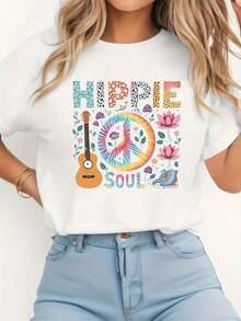 Women's T-Shirt In Pure Cotton With A Guitar Print, Peace Symbol, And Flowers-A Colorful World Of Hippie Spirit That Conveys A Sense Of Youthful Energy And Enthusiasm. Women's T-Shirt With A Round Neck And A Casual, Hippie-Soul Style Print. - 白色 - 查看 1