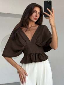 Blusa de manga de murciélago de unicolor elegante para mujer, de verano - Café integral - Ver 7