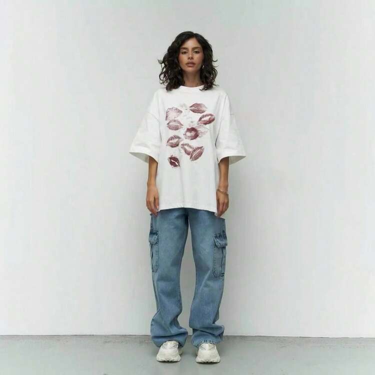 Short-Sleeve T-Shirt With Fun American Urban Style Design, Loose Fit, Versatile Round Neck, Urban Style Summer Top - 黑色 - 查看 4