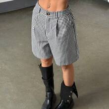 Women's Casual Black & White Plaid Shorts, Spring - Blanco y Negro - Ver 5