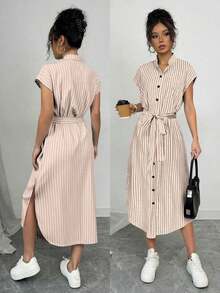 Vestido largo de manga corta para verano 2025, nuevo, con bolsillo, abertura lateral, cinturón y lazo, estampado de leopardo, para uso casual y de viaje - Albaricoque 2 - Ver 9
