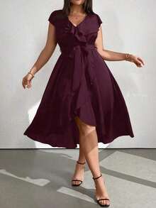 Clasi Vestido de fiesta con cuello en V y ribete de unicolor talla grande, estilo outfit para mujer - Burdeos - Ver 2