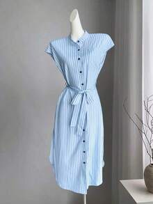 Vestido largo de manga corta para verano 2025, nuevo, con bolsillo, abertura lateral, cinturón y lazo, estampado de leopardo, para uso casual y de viaje - Azul 2 - Ver 5