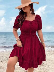 Clasi Vestido corto de manga corta en color burdeos de uso diario, sencillo y liso para mujeres de talla grande - Burdeos - Ver 1