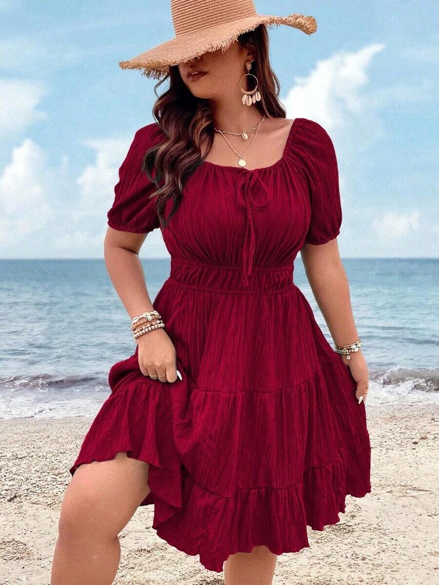 Clasi Vestido corto de manga corta en color burdeos de uso diario, sencillo y liso para mujeres de talla grande - Burdeos - Ver 1