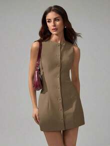 Tall Vestido mini elegante de unicolor con cuello redondo y sin mangas para mujer - Caqui - Ver 1