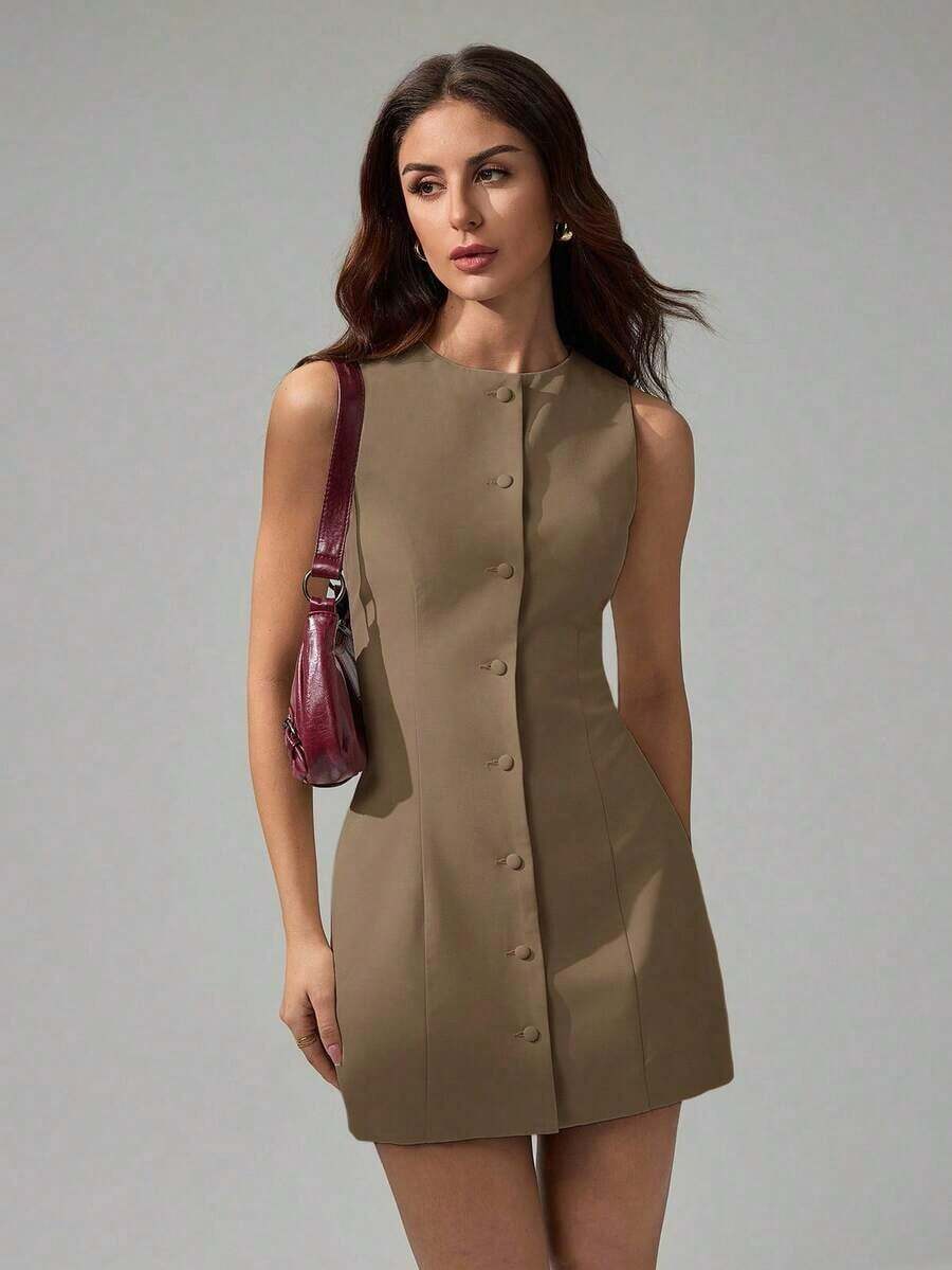 Tall Vestido mini elegante de unicolor con cuello redondo y sin mangas para mujer - Caqui - Ver 1