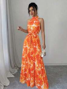 Vestido elegante y romántico con estampado floral, cuello con volantes y cintura plisada en línea A, adecuado para citas, primavera/verano - Multicolor 6 - Ver 7