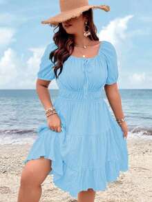 Clasi Vestido corto de manga corta en color burdeos de uso diario, sencillo y liso para mujeres de talla grande - Celeste - Ver 8
