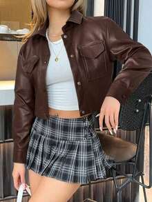 Chaqueta de PU con botones, bolsillo con solapa y hombros caídos para otoño/invierno - Café integral - Ver 4