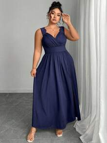 Elenzya Vestido línea A con cuello en V, contraste de encaje, tirantes finos y abertura para tallas grandes - Azul marino - Ver 7