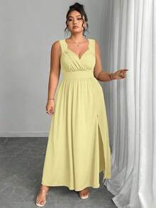 Elenzya Vestido línea A con cuello en V, contraste de encaje, tirantes finos y abertura para tallas grandes - amarillo ganso - Ver 6