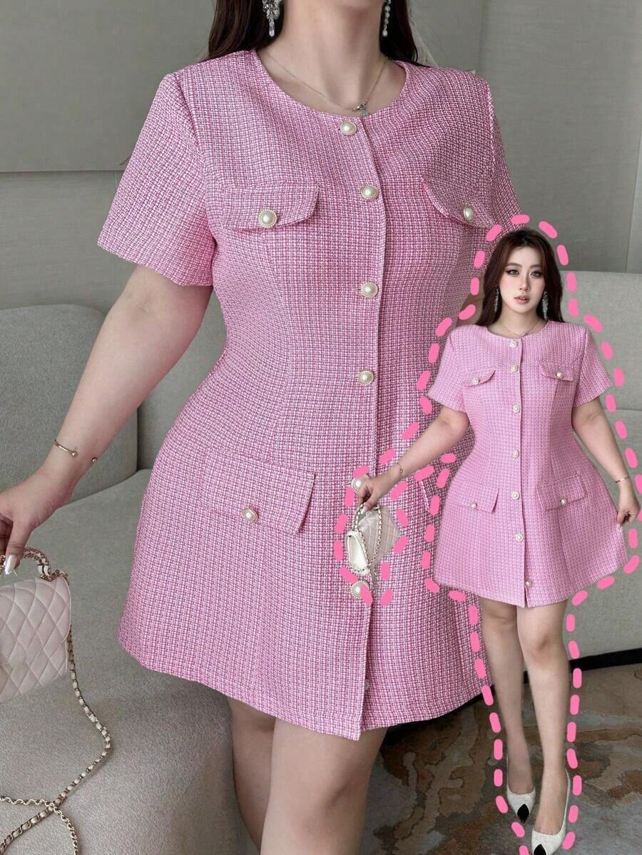 Vibekara Vestido de verano elegante de talla grande con cuello redondo, manga corta y botones delanteros - Rosa - Ver 1