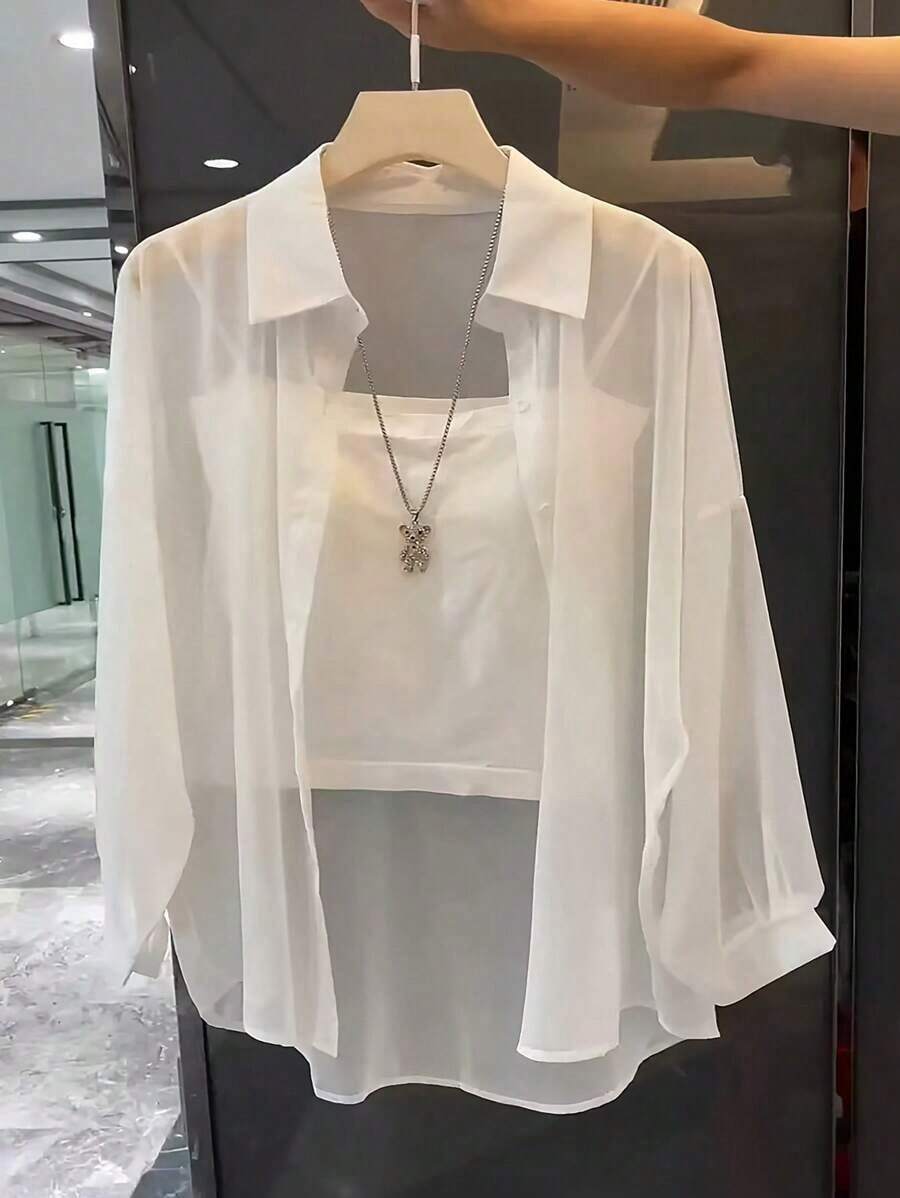 Blusa minimalista de unicolor transparente con cuello vuelto, blusas de manga larga - Blanco - Ver 1