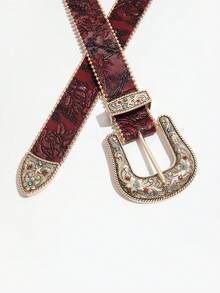 1pc Multicolor Bohemian Patterned Floral Element Metal Buckle Colorful Flower Print Women's Decorative Belt, Suitable For Commuting And Daily Wear - Red - Red Diamond - View 3