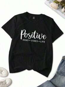 estampadas conjunto 1piezas tshirt Prenda individual, no un conjunto de 3 piezas, 1 piezas/set de camisetas de manga suitable for streetwear, Top oversized cuello redondo daily outings, camping, concerts, hip-hop, rock, and rap events grafico LOVE, POSITIVE, PRETTY GOOD diseño moderno muyer Letras Casual diario casa - Negro - Ver 2