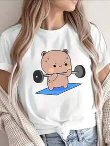 Camiseta de mujerEsta camiseta de manga corta de algodón puro presenta un diseño de un oso levantando pesas.Es ligera, resistente y adecuada para el gimnasio, el hogar o para uso casual, ofreciendo comodidad para el día a día.Cómoda y ligera - Blanco - Ver 12