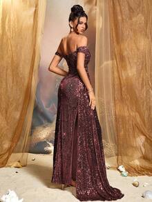 Nuevo estilo de vestido de mujer elegante con lentejuelas brillantes de unicolor y espalda descubierta, adecuado para boda, fiesta, cumpleaños, aniversario, graduación, festival de música, cóctel de vacaciones, cena formal, sesión de fotos, baile de graduación, escenario y concierto, cuarto trimestre de primavera - Burdeos - Ver 4