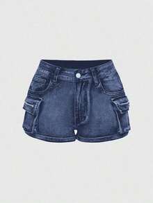 Grunge Punk Conjuntos de verano para mujer: shorts mini de tiro bajo de mezclilla desgastada, estilo de calle punk - Azul - Ver 1