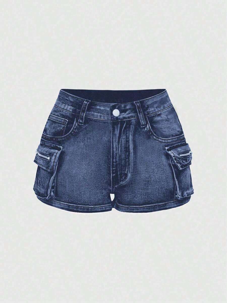Grunge Punk Conjuntos de verano para mujer: shorts mini de tiro bajo de mezclilla desgastada, estilo de calle punk - Azul - Ver 1