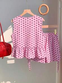 Set de 2 piezas de ropa de mujer con top tipo camiseta con cordones y shorts a cuadros, ideal para el Día de San Valentín - Rosa - Ver 3