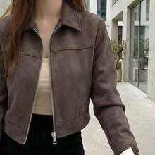 Chaqueta con cremallera de unicolor y cuello de ante sintético para mujer, uso casual para la escuela, el aeropuerto, primavera/otoño - Café integral - Ver 1