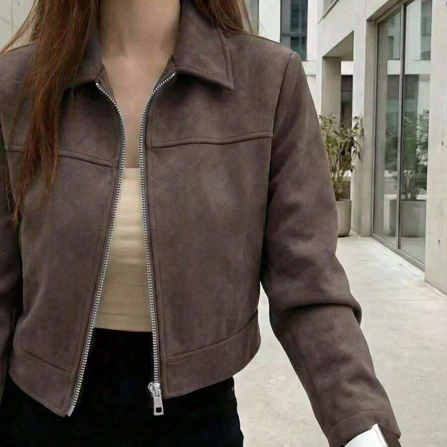 Chaqueta con cremallera de unicolor y cuello de ante sintético para mujer, uso casual para la escuela, el aeropuerto, primavera/otoño - Café integral - Ver 1
