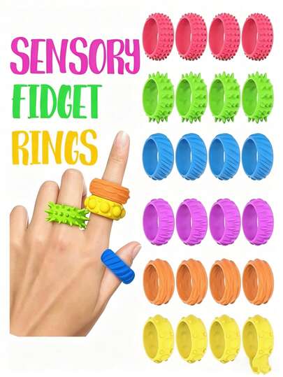 6pcs Silicone Fidget Rings - Sensory Toys With Different Textures, Colorful Combinations Help Promote Calmness And Focus, Ideal As Classroom Rewards, Birthday Gifts, And Travel Entertainment