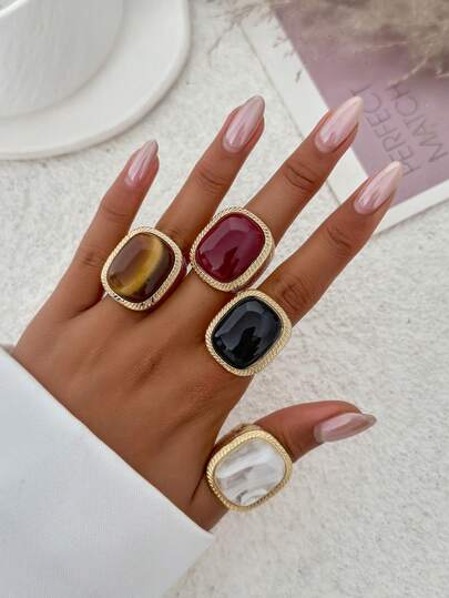 Bộ 1/4 chiếc nhẫn đá quý hình vuông bằng nhựa cao cấp kiểu cổ điển, phụ kiện trang sức dành cho nữ đeo hàng ngày và trong các dịp lễ.