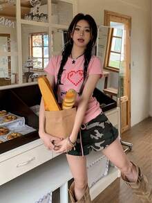 美式街头风常规肩部T恤，女士夏季爱心印花短袖修身性感露脐上衣 - 粉色 - 查看 6