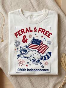Camiseta Free RacC1oon divertida con animales patrióticos, 4 de julio, 250 aniversario de la Independencia, bandera estadounidense, fuegos artificiales, camiseta gráfica. Camiseta unisex de algodón puro de 220 g, peso ideal para todas las estaciones, adecuada para hombres y mujeres. Tejido duradero de alta calidad, suave al tacto y de larga duración. Parte superior transpirable. Adecuada para la primavera y el verano de las mujeres, vacaciones, Día de la Madre, Día de la Independencia. - Blanco - Ver 1