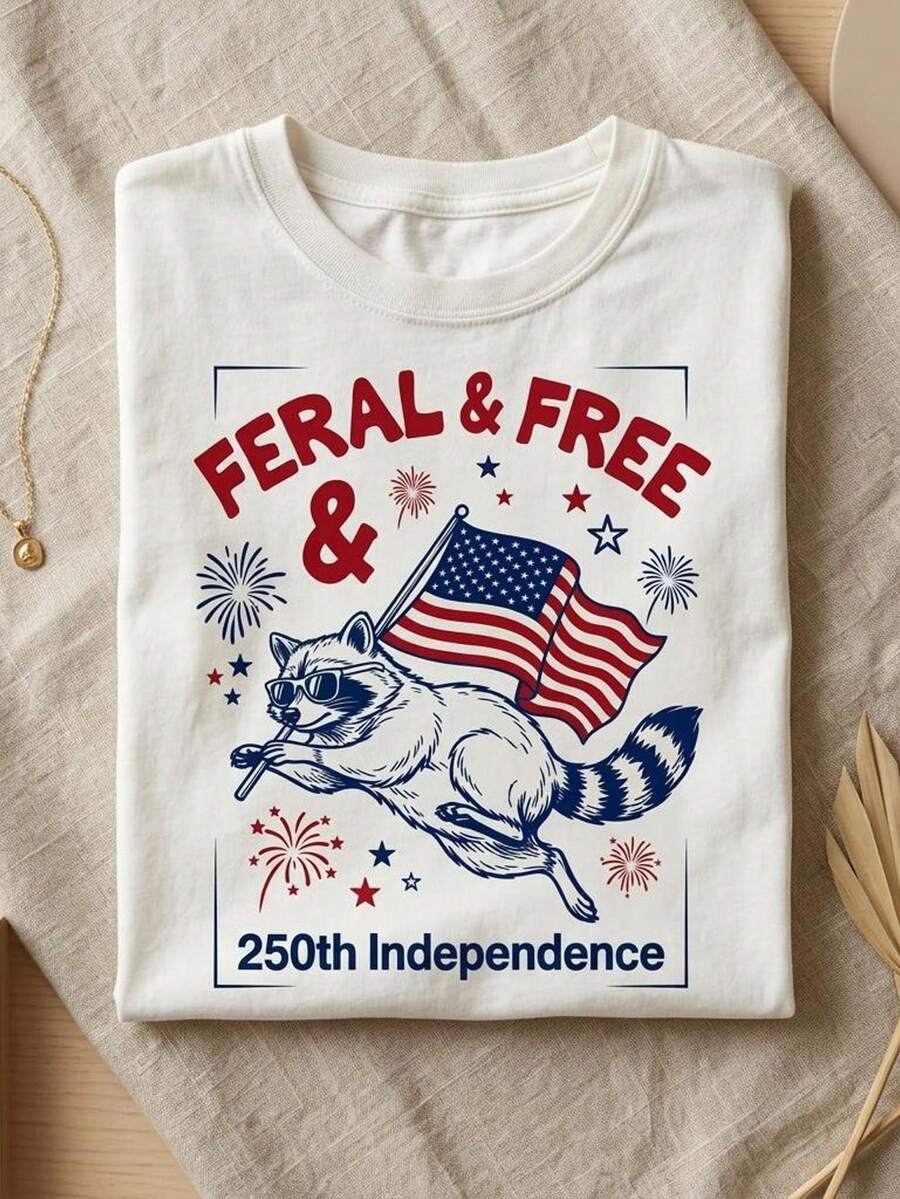 Camiseta Free RacC1oon divertida con animales patrióticos, 4 de julio, 250 aniversario de la Independencia, bandera estadounidense, fuegos artificiales, camiseta gráfica. Camiseta unisex de algodón puro de 220 g, peso ideal para todas las estaciones, adecuada para hombres y mujeres. Tejido duradero de alta calidad, suave al tacto y de larga duración. Parte superior transpirable. Adecuada para la primavera y el verano de las mujeres, vacaciones, Día de la Madre, Día de la Independencia. - Blanco - Ver 1