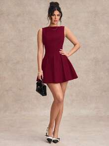 Vestido negro sólido, minimalista y sexy de corte evasé en tono burdeos para mujer, vestido para citas, vestido de dama de honor corto, vestido negro elegante para primavera/verano - Burdeos - Ver 4