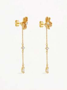 1 đôi bông tai hoa dáng dài cho nữ, mạ vàng 14K, kiểu dáng thả, dây chuyền dài mảnh mai, đính đá CZ, kiểu xỏ chỉ, không gây dị ứng, quà tặng Ngày của Mẹ. - Vàng - Xem 1