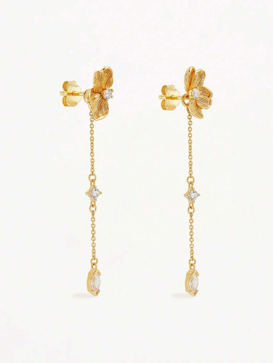 1 đôi bông tai hoa dáng dài cho nữ, mạ vàng 14K, kiểu dáng thả, dây chuyền dài mảnh mai, đính đá CZ, kiểu xỏ chỉ, không gây dị ứng, quà tặng Ngày của Mẹ. - Vàng - Xem 1