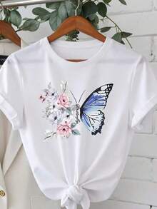 Camiseta casual de cuello redondo de manga corta con estampado floral y de mariposa para mujer LN4J - Blanco - Ver 5