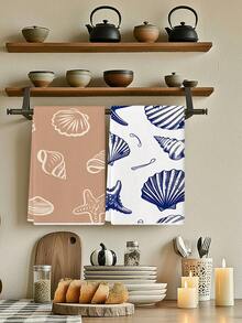 2pcs Shell & Starfish Pattern Kitchen Towels, Minimalist Beach Style Dish Cloths, Suitable For Farmhouse Kitchen & Home, Can Be Used As Hand Towels, Tea Towels - Multicolor - View 5