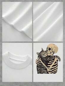 Women's Cozy Cat And Skeleton Hug Print T-Shirt, Short Sleeve Halloween Style Tee, Cute And Spooky, Relaxed Fit Cotton Top With  Artistic Print, Unique Casual Wear - 白色 - 查看 4