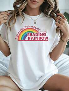 Camiseta Casual para Mujer con Estampado Vintage de Arcoíris: ", mira, está en un libro". Prenda Negra de Verano para el Hogar y Actividades de Ocio. - Blanco - Ver 6