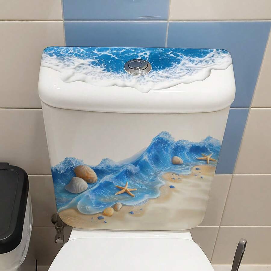 1pc Summer Beach Theme Toilet Sticker - Starfish & Shell Pattern Toilet Decoration Sticker, Self-Adhesive Toilet Tank & Lid Decor, Waterproof Bathroom Wall Decor - Multicolor - View 1