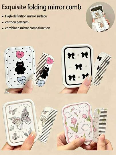1 pieza Espejo de maquillaje plegable y juego de peine, nuevo diseño lindo de mariposa, lunares, corazón, letra, gato, lazo, perla, estrella, tulipán, nube, espejo de viaje plegable con peine, herramienta de maquillaje portátil, espejo de peinado 2 en 1, adecuado para viajes, hogar, regalo para amigos, familia, novia, Día de San Valentín, Día de la Madre