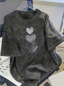 1 pieza - Camiseta de mujer casual para el Día de San Valentín - Camiseta de manga corta con cuello redondo, estampada, ligera y suave, top de moda de verano, camiseta informal, camiseta lavada, apariencia elegante, 180g 100% algodón - Negro - Ver 6